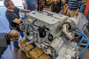 Preparing to install the new 610 horsepower Cummins diesel engine
