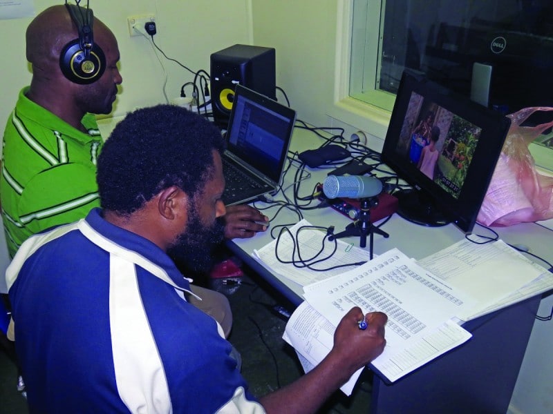 Media specialists in training strive to make sure that the dubbed voices match the actors’ movements in the video, “O Papa God.” Local languages help the videos to be understood and promote community health through God’s Word.