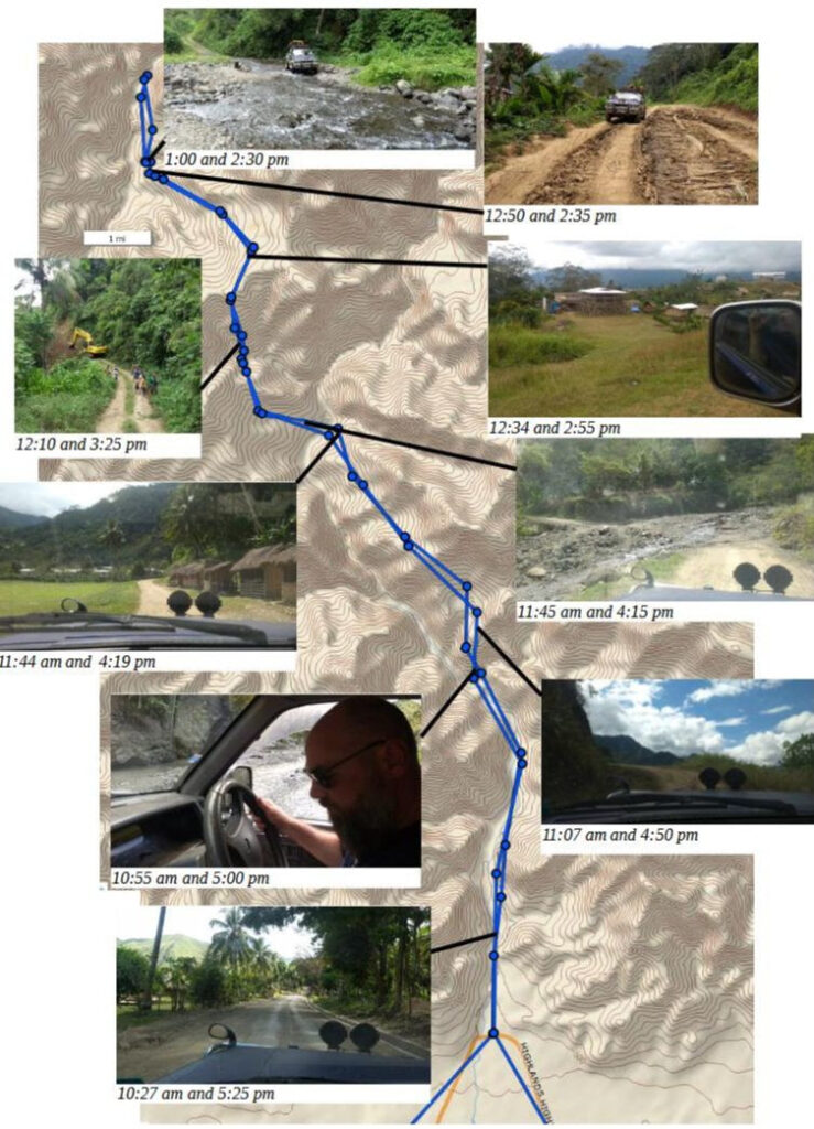 A map with different images of a car traveling in Papua New Guinea